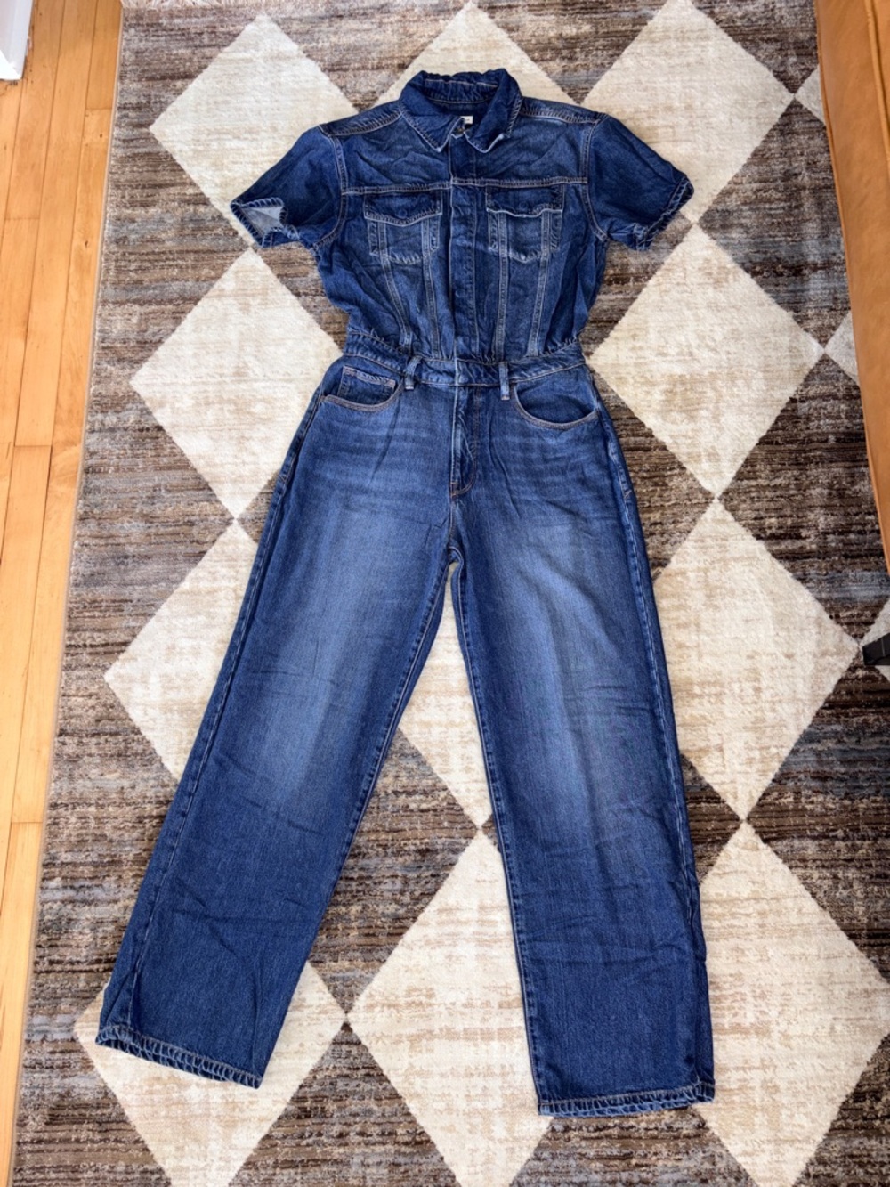Good American Dark Blue Denim Short-Sleeve Jumpsuit